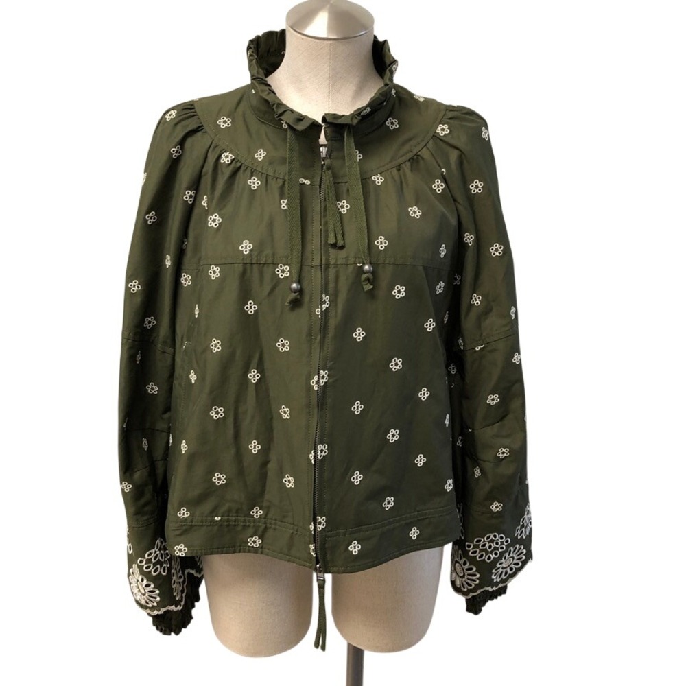 Free People Jacket Womens Medium Olive Green Eyelet Embroidered Ruffle Zip